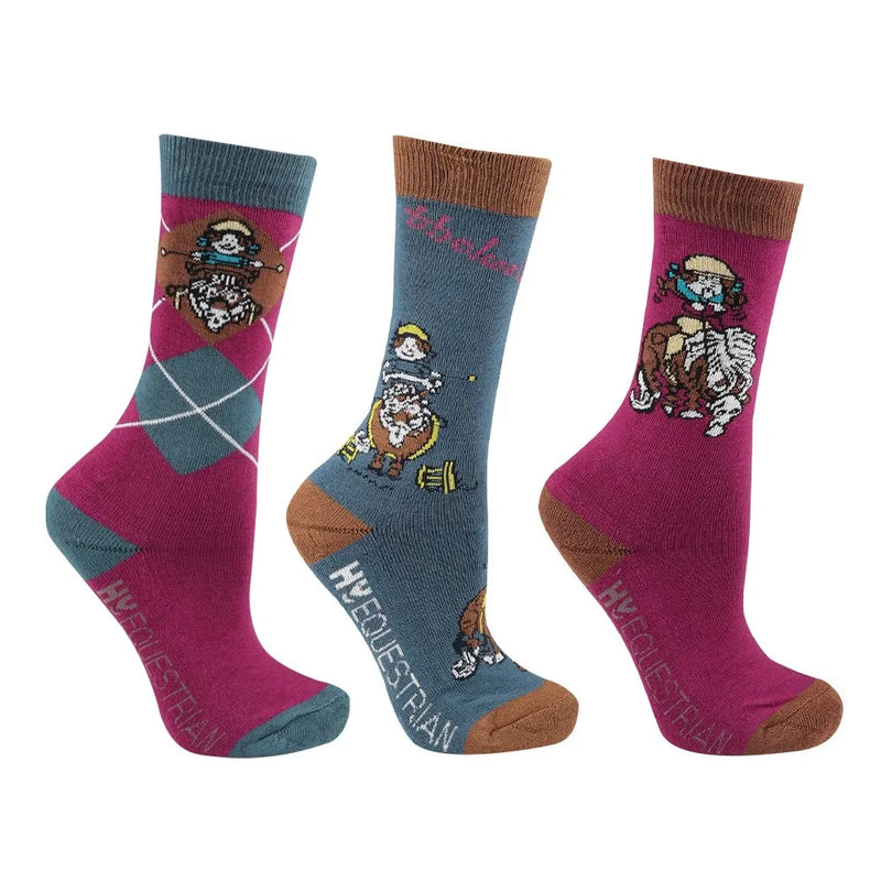 Hy Equestrian Thelwell Collection Pony Friends Socks (Pack of 3) - Imperial Purple/Pacific Blue