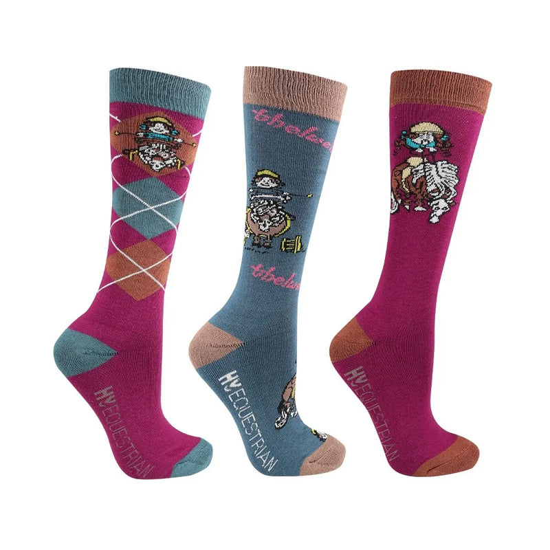 Hy Equestrian Thelwell Collection Pony Friends Socks (Pack of 3) - Imperial Purple/Pacific Blue